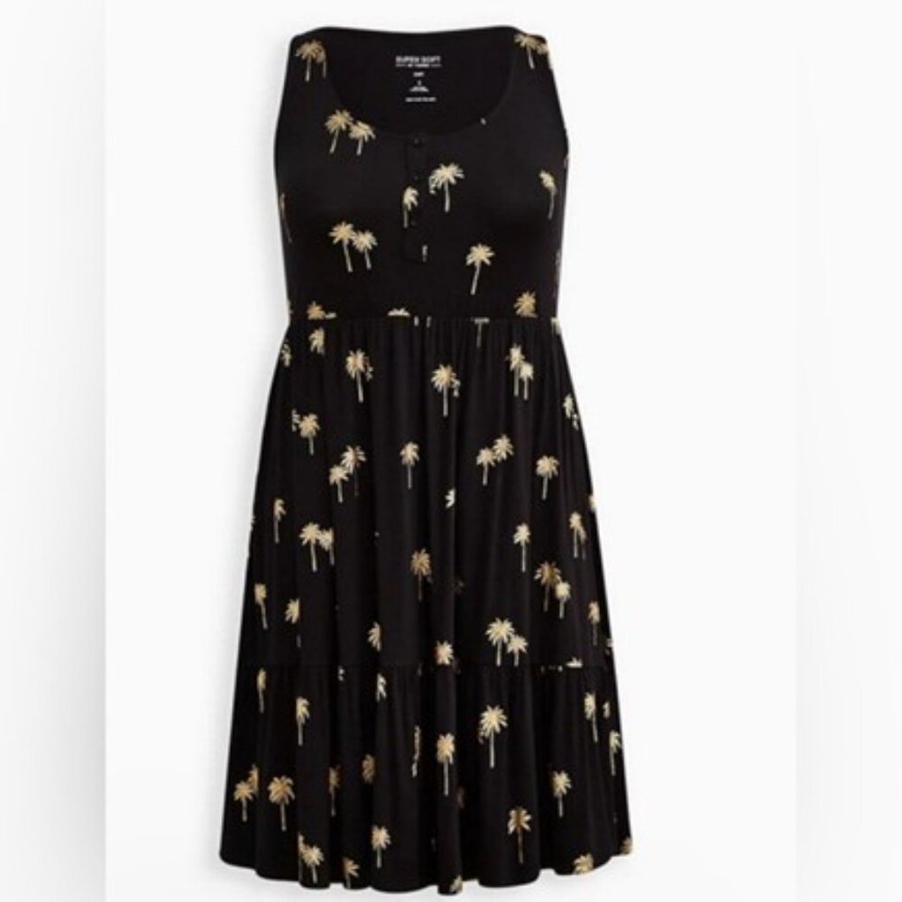 Torrid Black Gold Palm Print Tank Dress Plus Size 1 Super Soft Pockets NWT